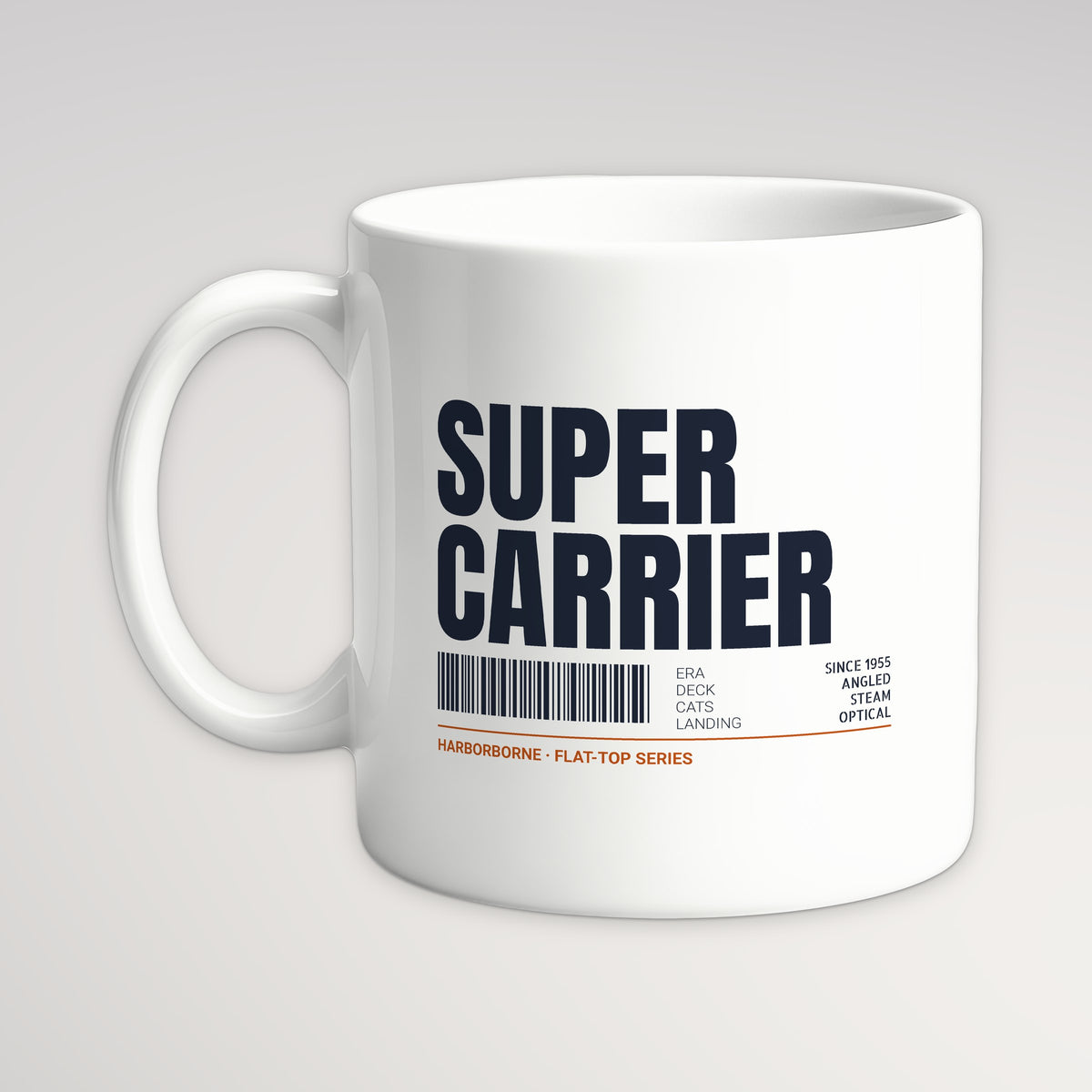 Supercarrier Watch Tag Mug, white mug, handle left