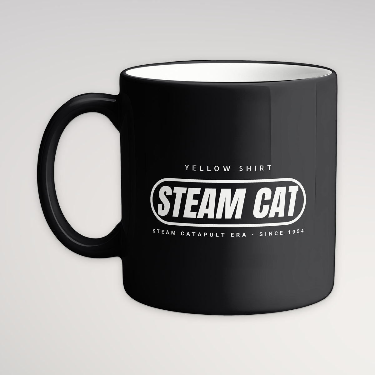 Steam Cat Era Pill Mug, black mug, handle left