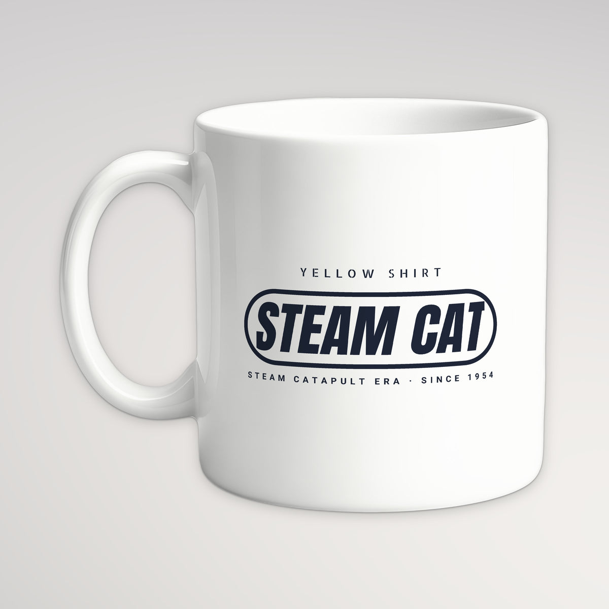 Steam Cat Era Pill Mug, white mug, handle left
