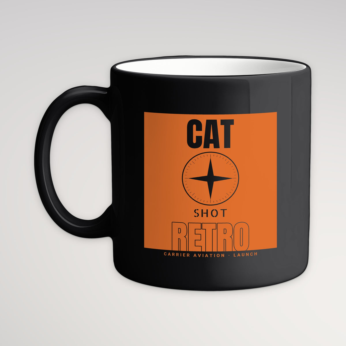 Cat Shot Retro Poster Mug, black mug, handle left