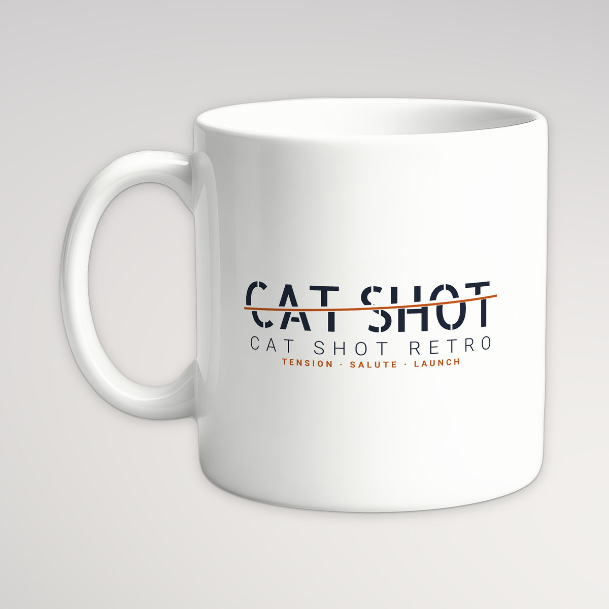 Cat Shot Retro Sliced Mug, white mug, handle left