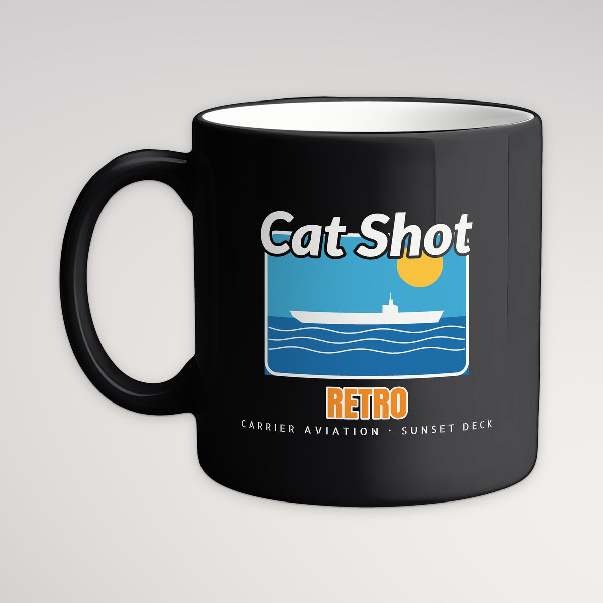 Cat Shot Retro Postcard Mug, black mug, handle left