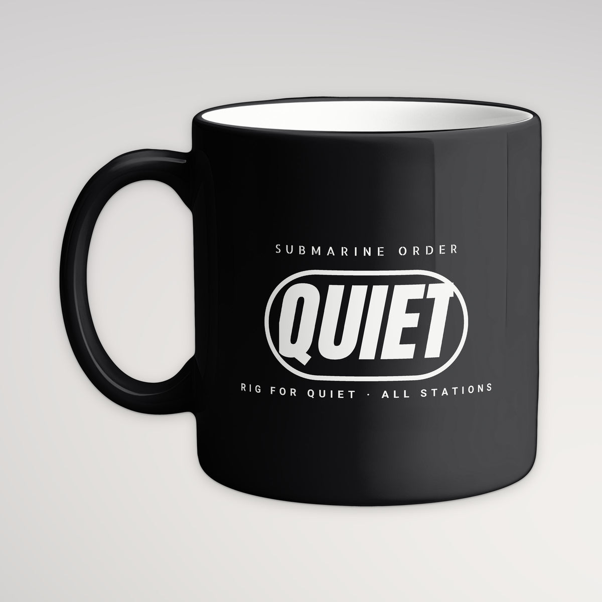 Rig for Quiet Pill Mug, black mug, handle left