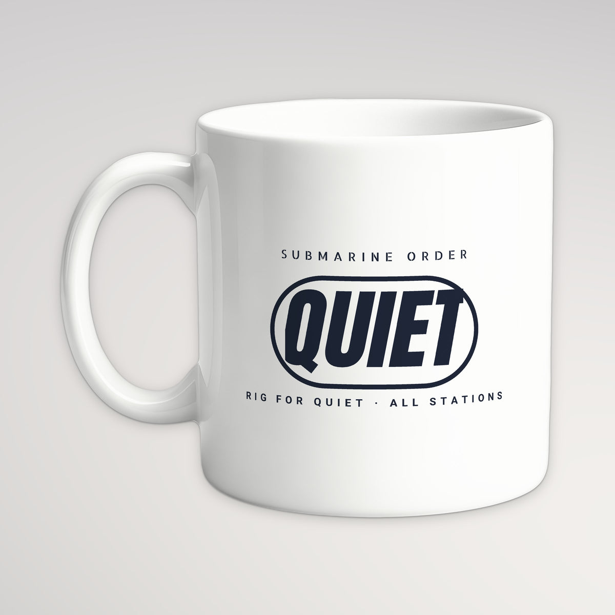 Rig for Quiet Pill Mug, white mug, handle left