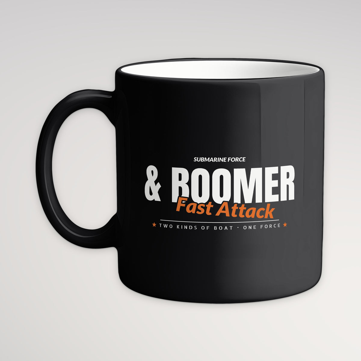 Fast Attack & Boomer Club Mug, black mug, handle left