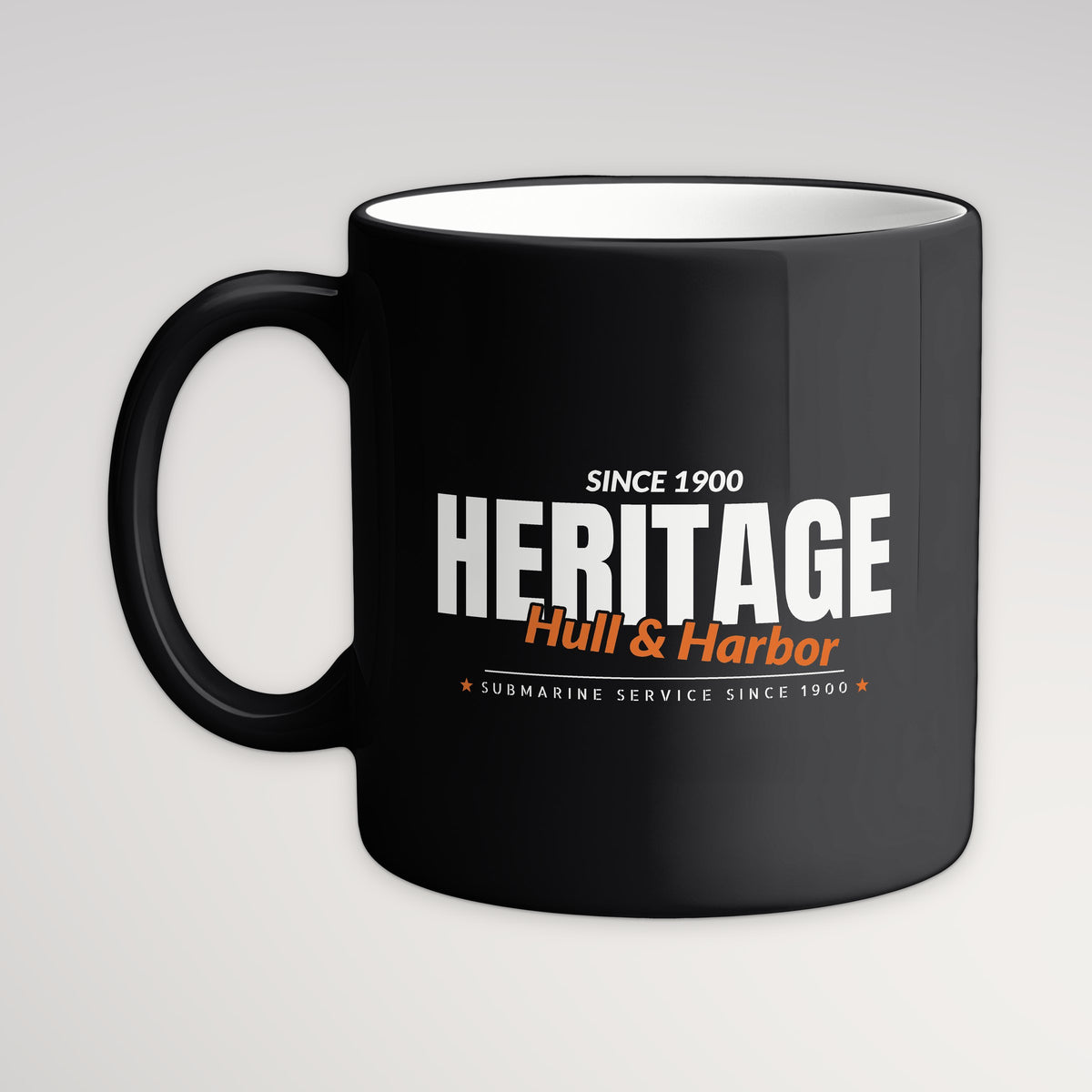 Hull & Harbor Heritage Club Mug, black mug, handle left