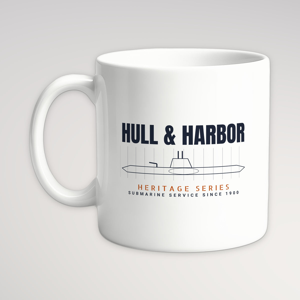 Hull & Harbor Heritage Blueprint Mug, white mug, handle left
