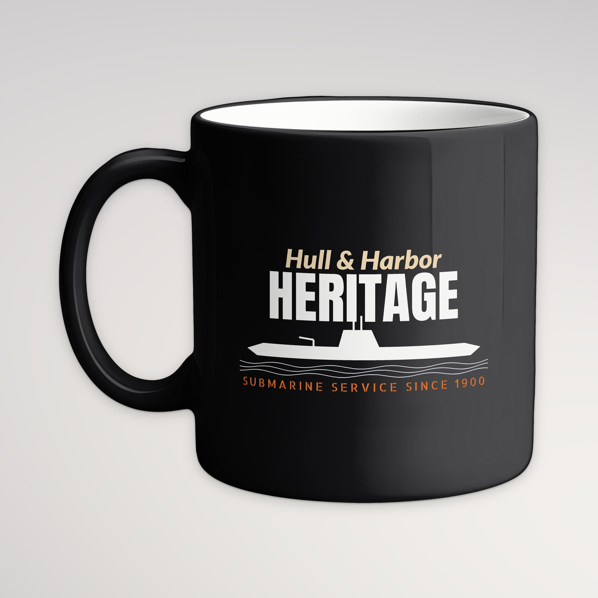 Hull & Harbor Heritage Profile Mug, black mug, handle left