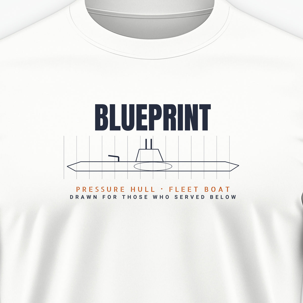 Pressure Hull Blueprint Served Below Tee, front print detail
