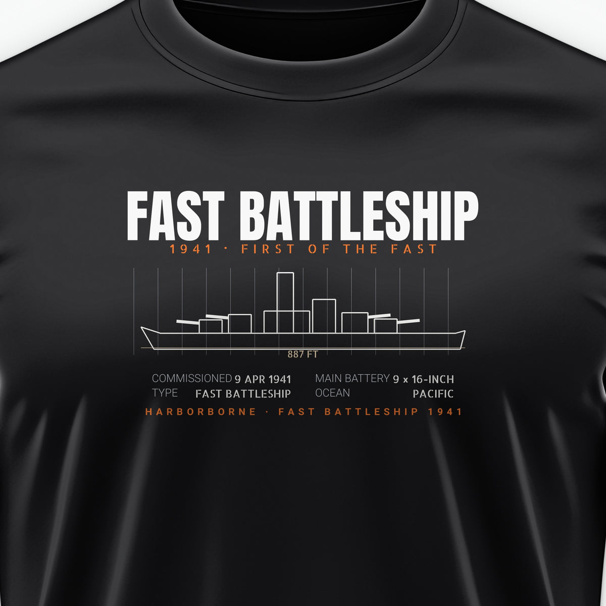 Fast Battleship 1941 Blueprint Tee, front print detail