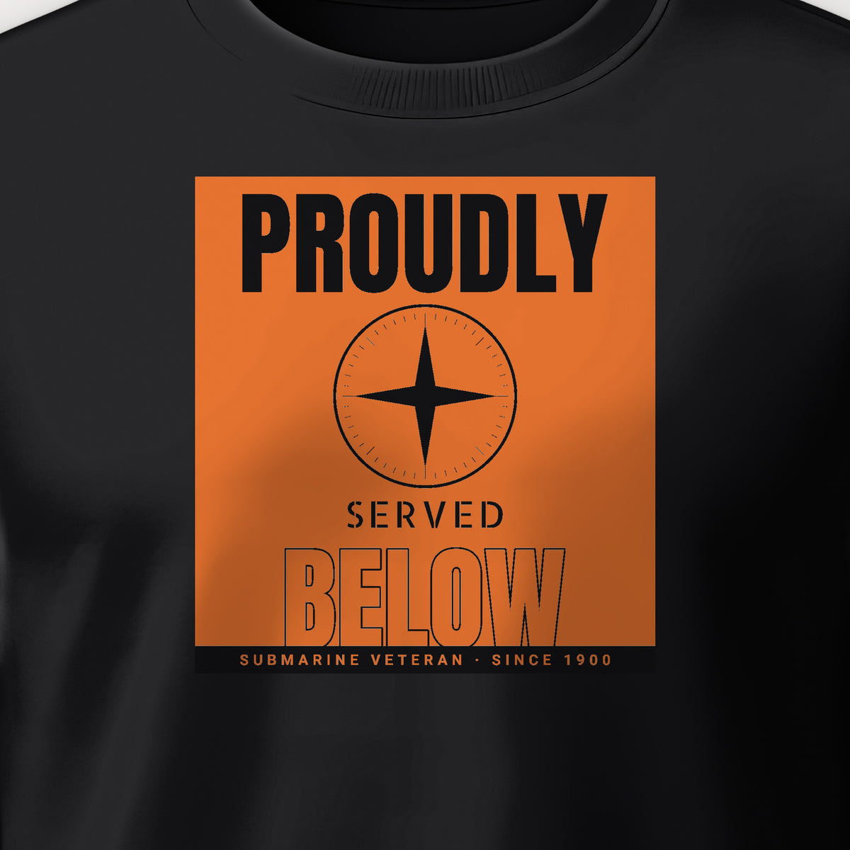 Proudly Served Below Poster Crewneck Sweatshirt, front print detail