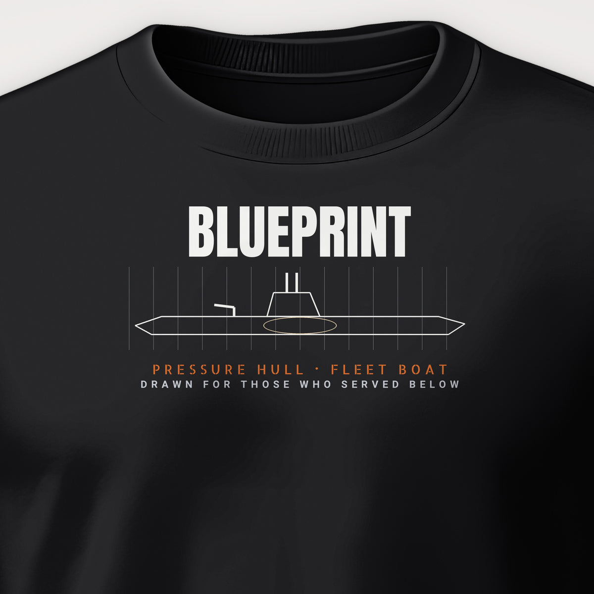 Pressure Hull Blueprint Served Below Crewneck Sweatshirt, front print detail