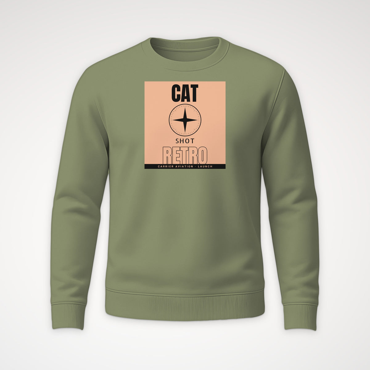 Cat Shot Retro Poster Crewneck Sweatshirt in Military Green