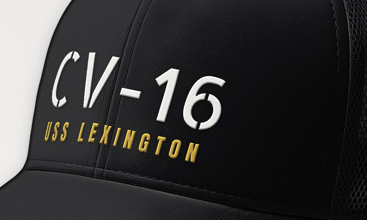 Lexington CV-16 Hull Number Trucker Cap — front detail