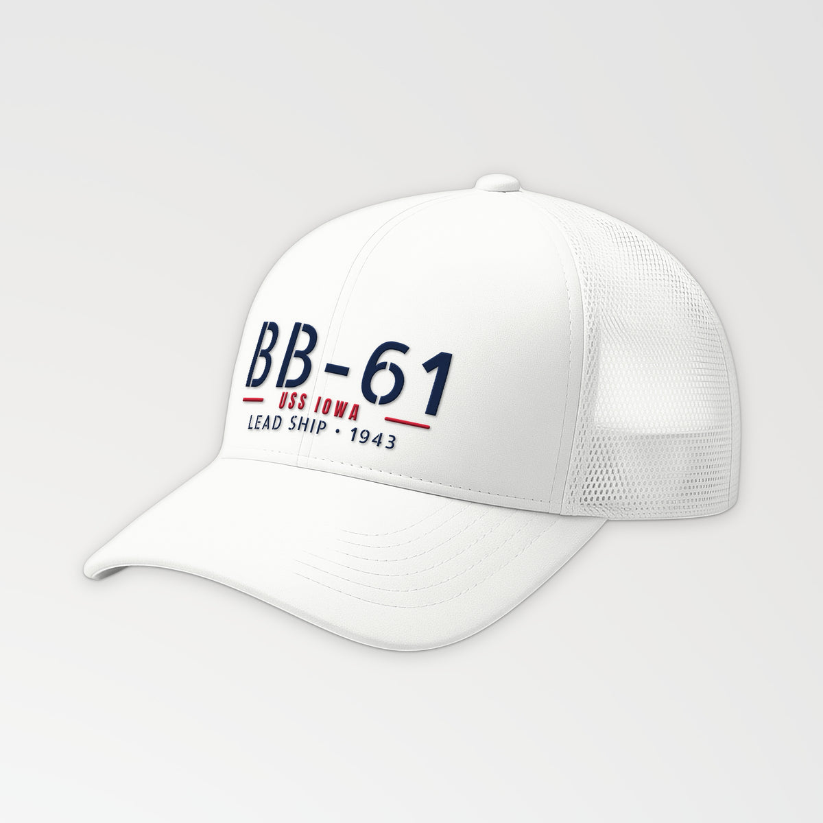 Iowa BB-61 Hull Number Trucker Cap in White