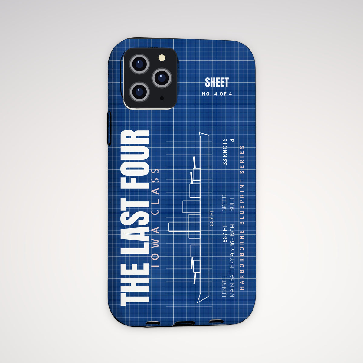 Iowa-Class Blueprint Tough Phone Case – iPhone, shown on a Pro model