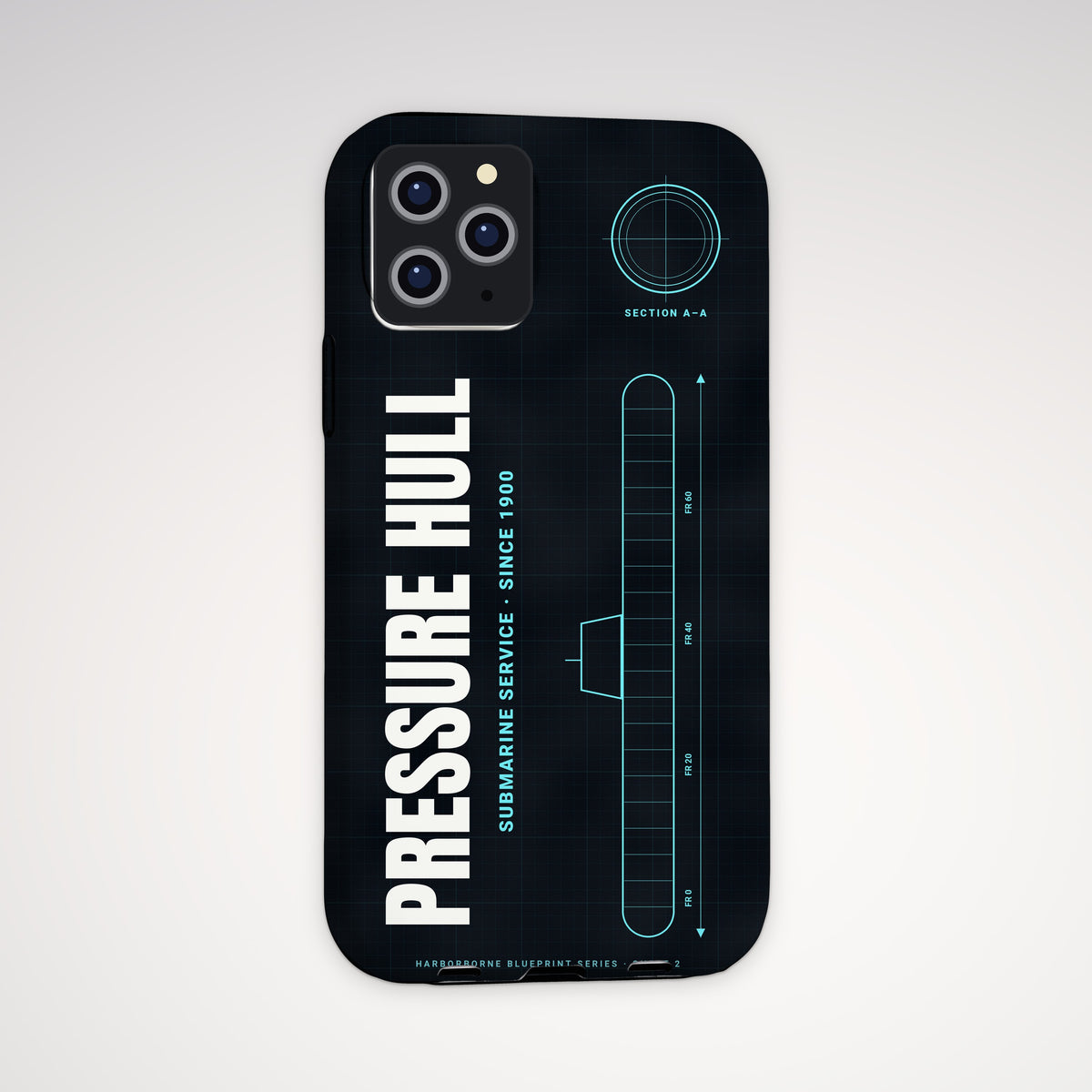 Pressure Hull Blueprint Tough Phone Case – iPhone, shown on a Pro model