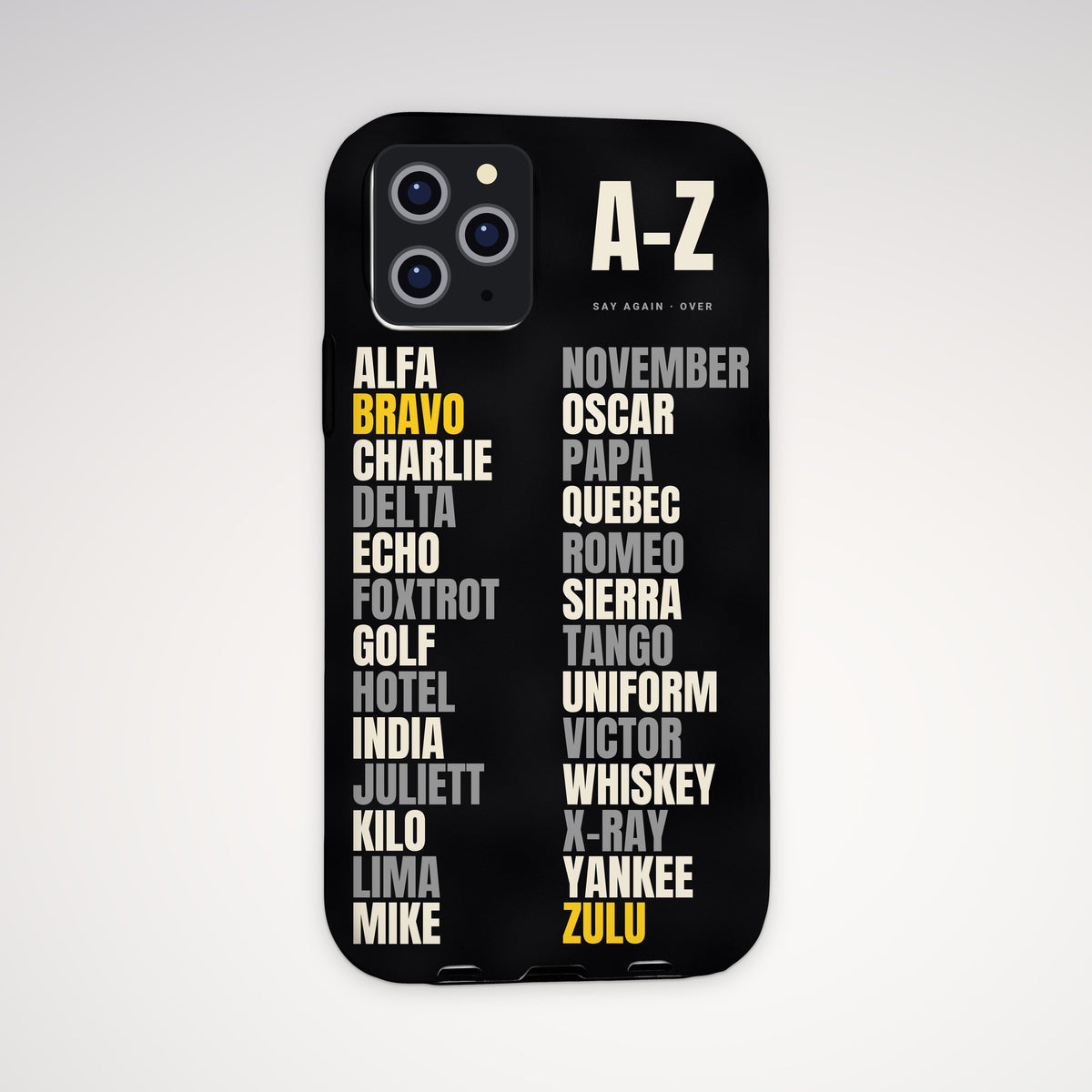 Phonetic Alphabet Tough Phone Case – iPhone, shown on a Pro model