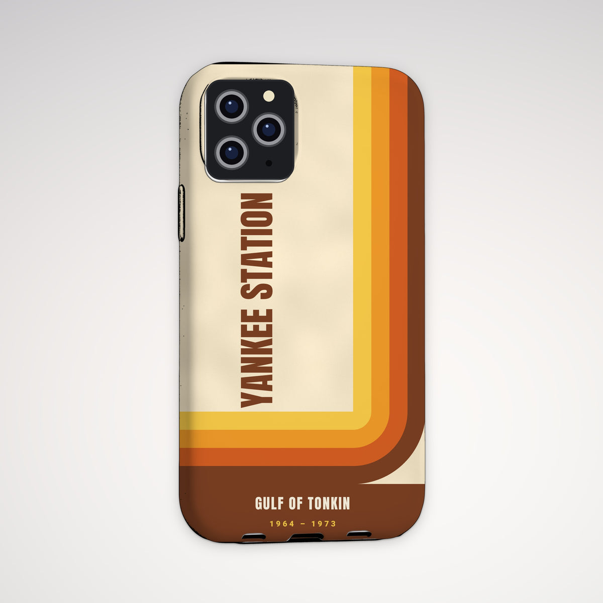 Yankee Station Retro Stripes Tough Phone Case – iPhone, shown on a Pro model