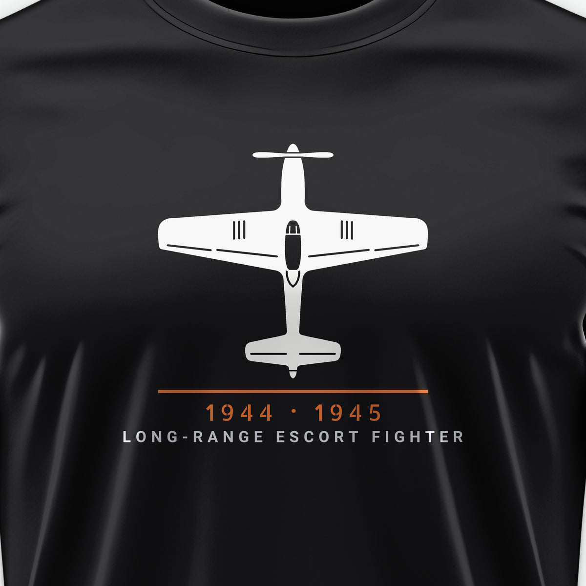 Long-Range Escort Fighter 1944–45 Tee, front print detail: our top-view drawing of a P-51D, no markings