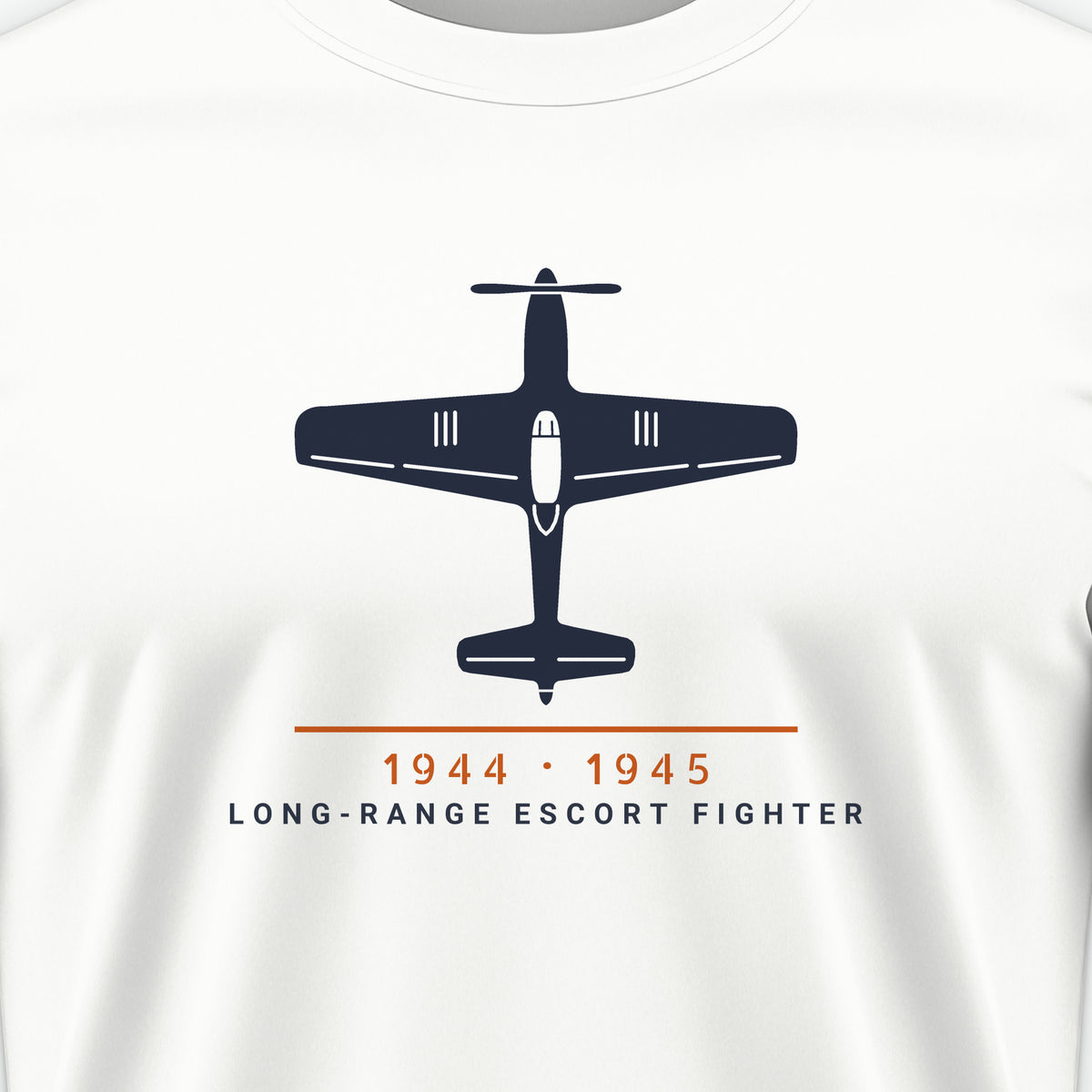 Long-Range Escort Fighter 1944–45 Tee, front print detail: our top-view drawing of a P-51D, no markings