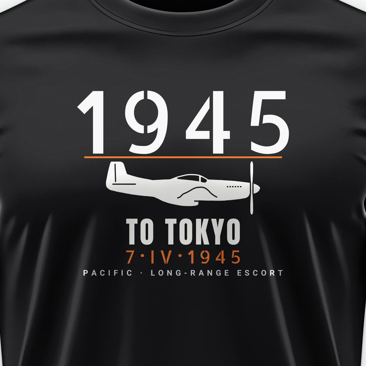 To Tokyo 1945 Escort Fighter Tee, front print detail: our side-view drawing of a P-51D, no markings