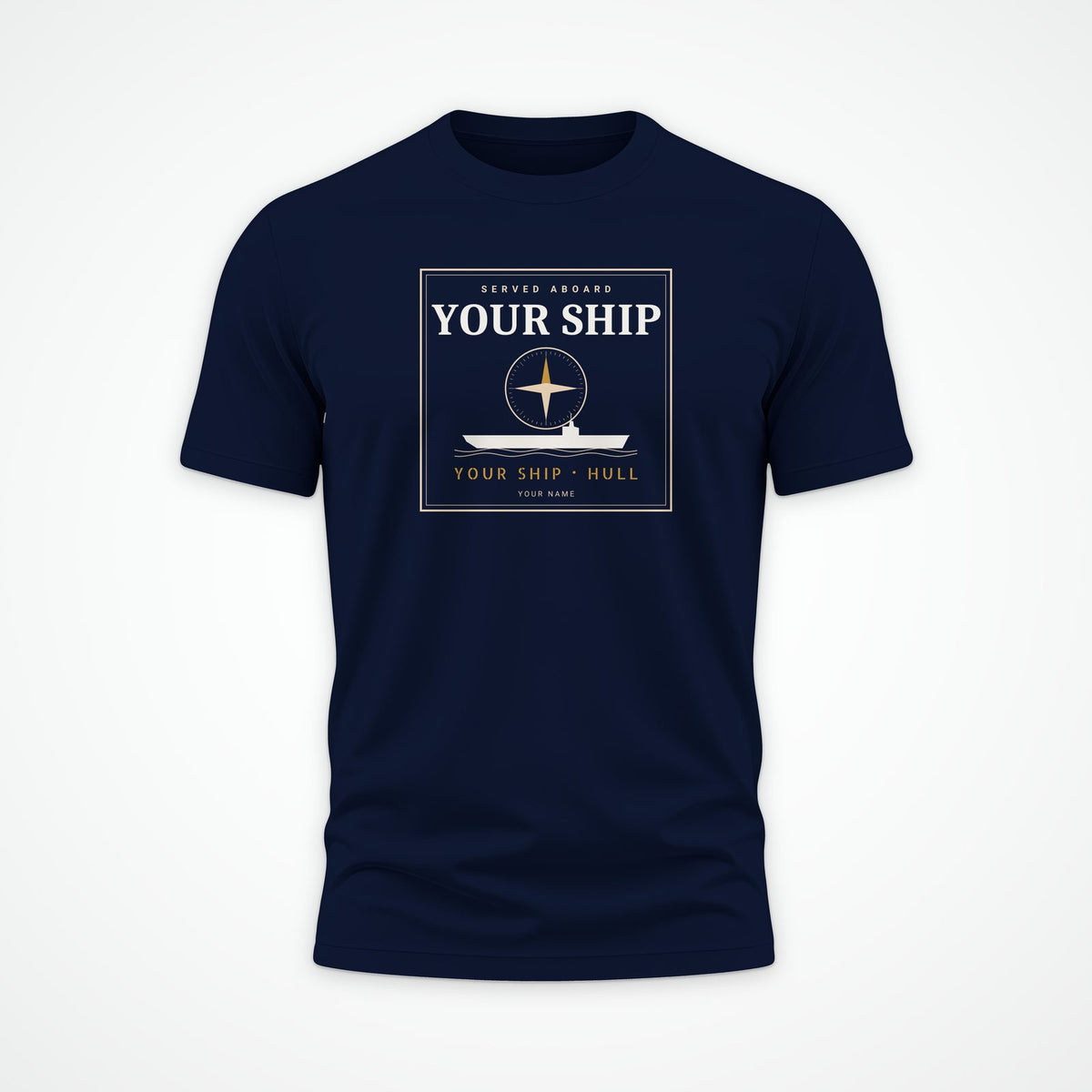 Custom ship tee in Navy: your ship, its hull number and your sailor's name, drawn for you (example layout)