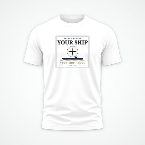 Custom ship tee in White: your ship, its hull number and your sailor's name, drawn for you (example layout)