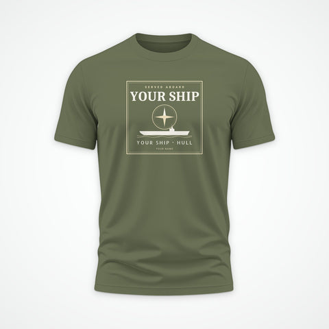 Custom ship tee in Military Green: your ship, its hull number and your sailor's name, drawn for you (example layout)