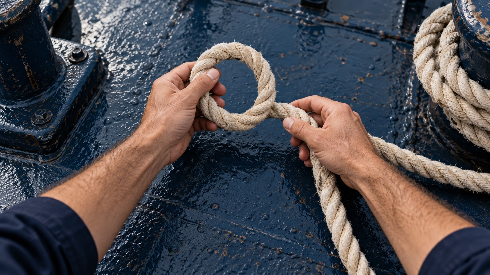 Original Harborborne campaign artwork: anonymous hands working cream marine rope on a weathered navy deck