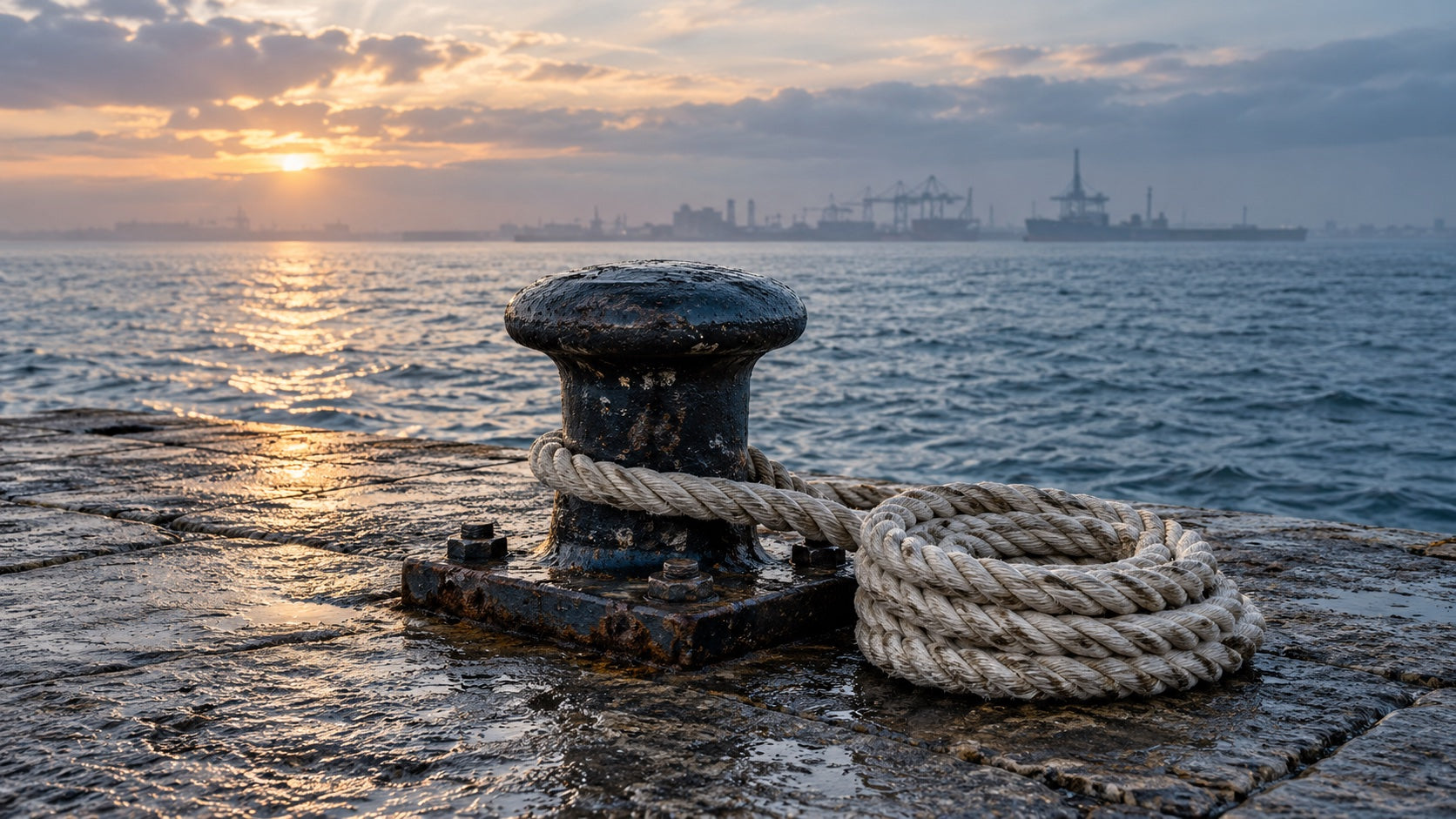 Original Harborborne campaign artwork: weathered mooring bollard and cream rope beside a harbor at dawn