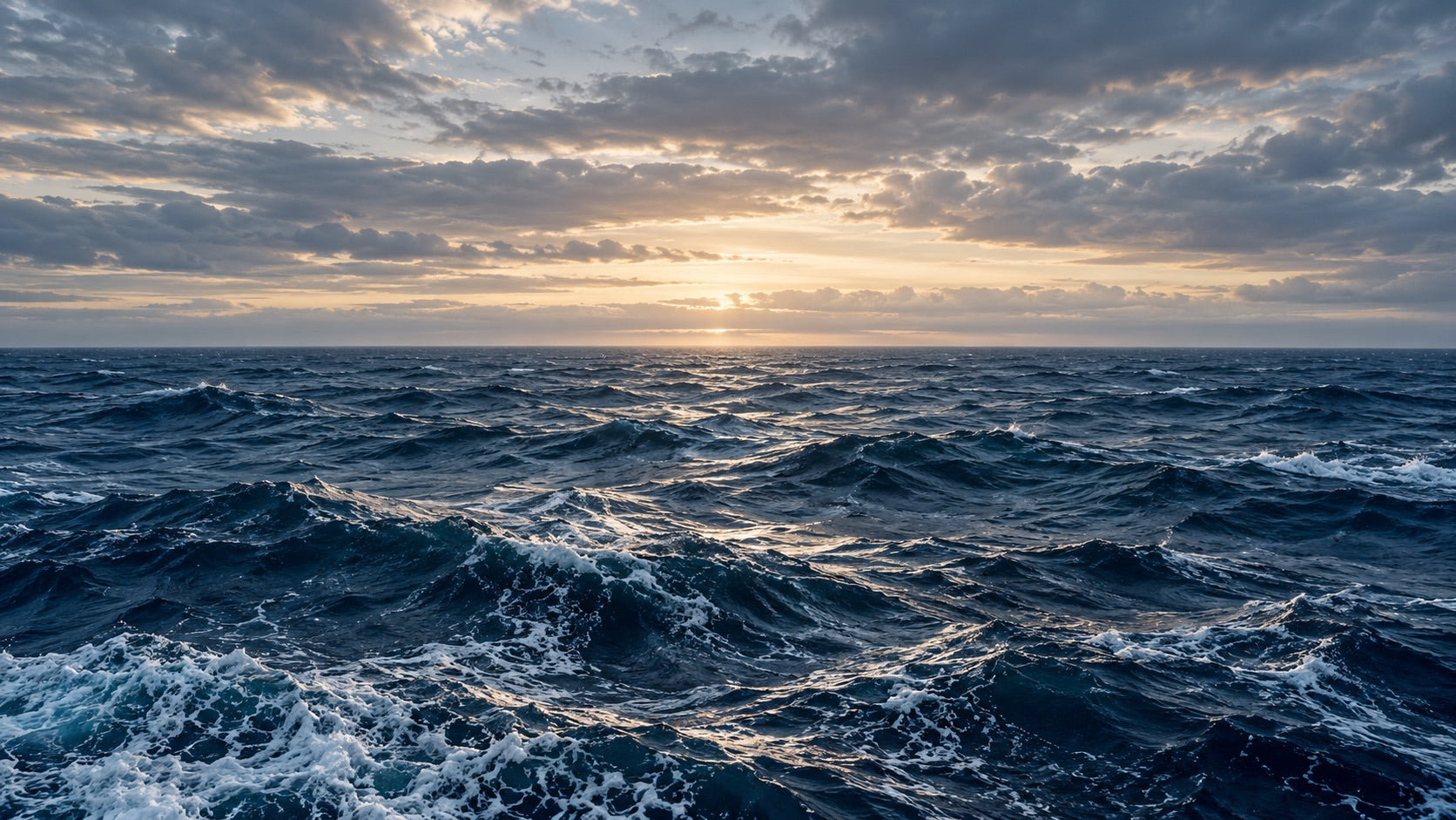 Original Harborborne campaign artwork: navy ocean waves beneath a cream dawn sky